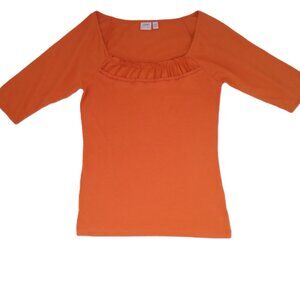 Esprit Women's T-shirt Cotton Burnt Orange 3/4 Sleeve Ruffles Crochet Size XS